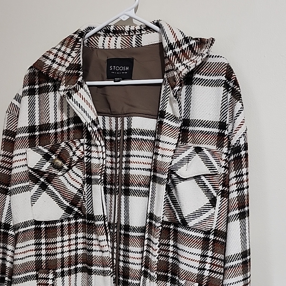 Stoosh Checkered Shacket in Black, Brown, and White